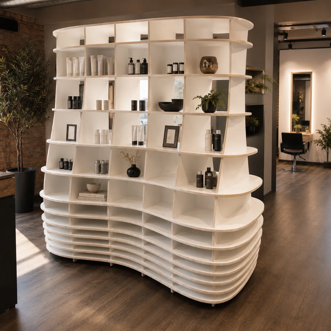 Organisch geformtes Regal als Raumtrenner in einem Friseursalon