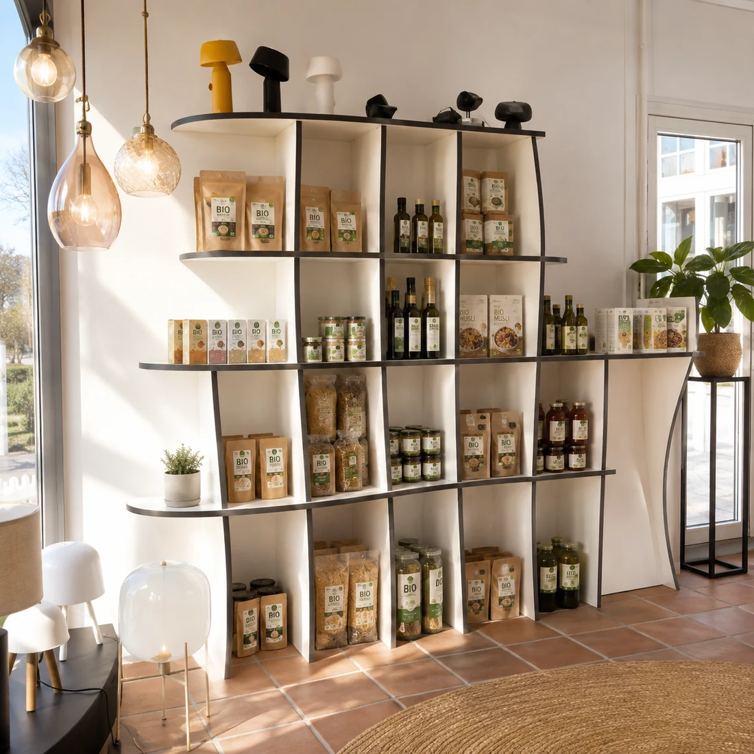 Freistehendes form.bar Verkaufsregal mit Produkten in einem Ladengeschäft