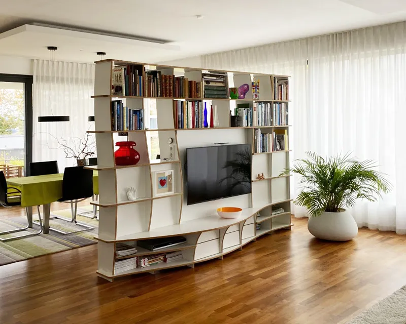 Shelf as a room divider for living and working area