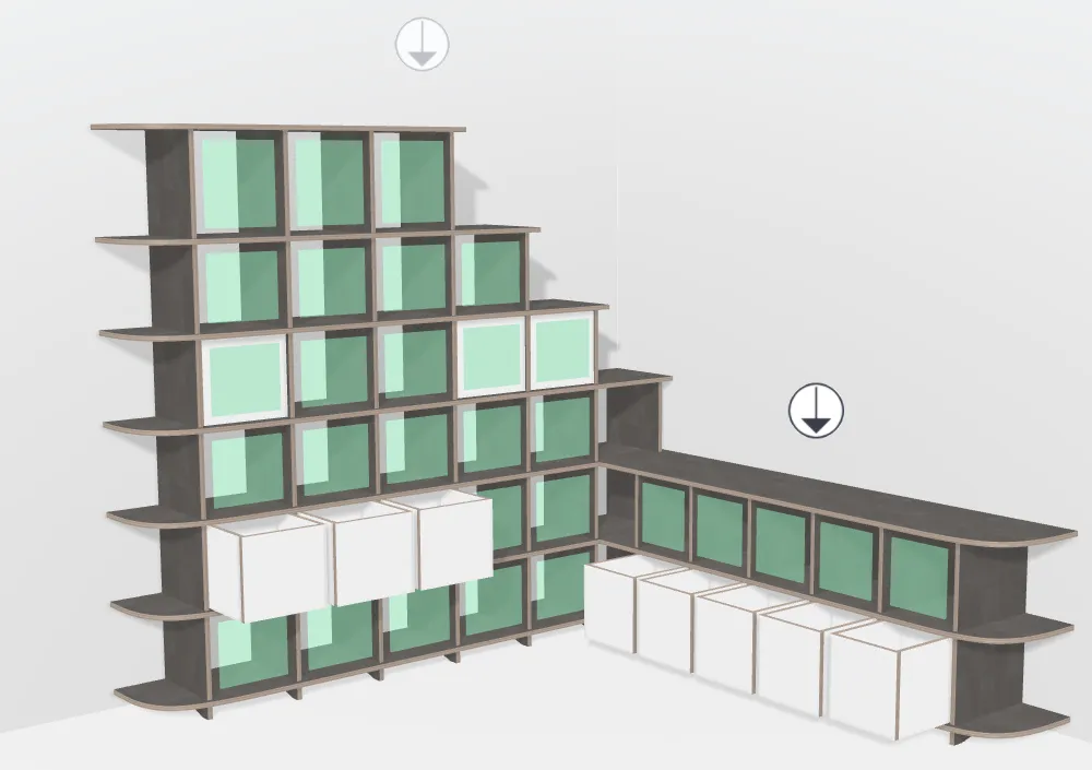 formbar Eckregal mit Türen