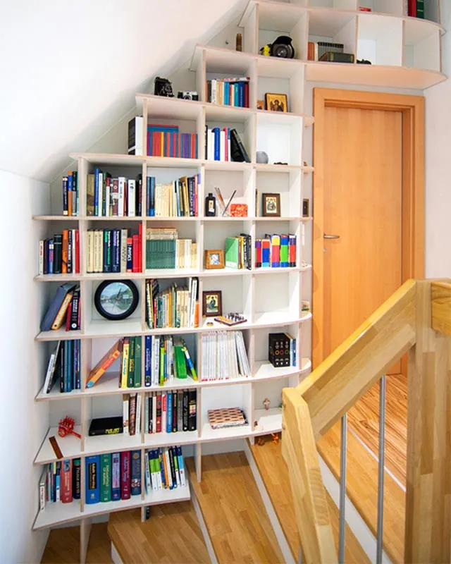 Hallway staircase shelf in white