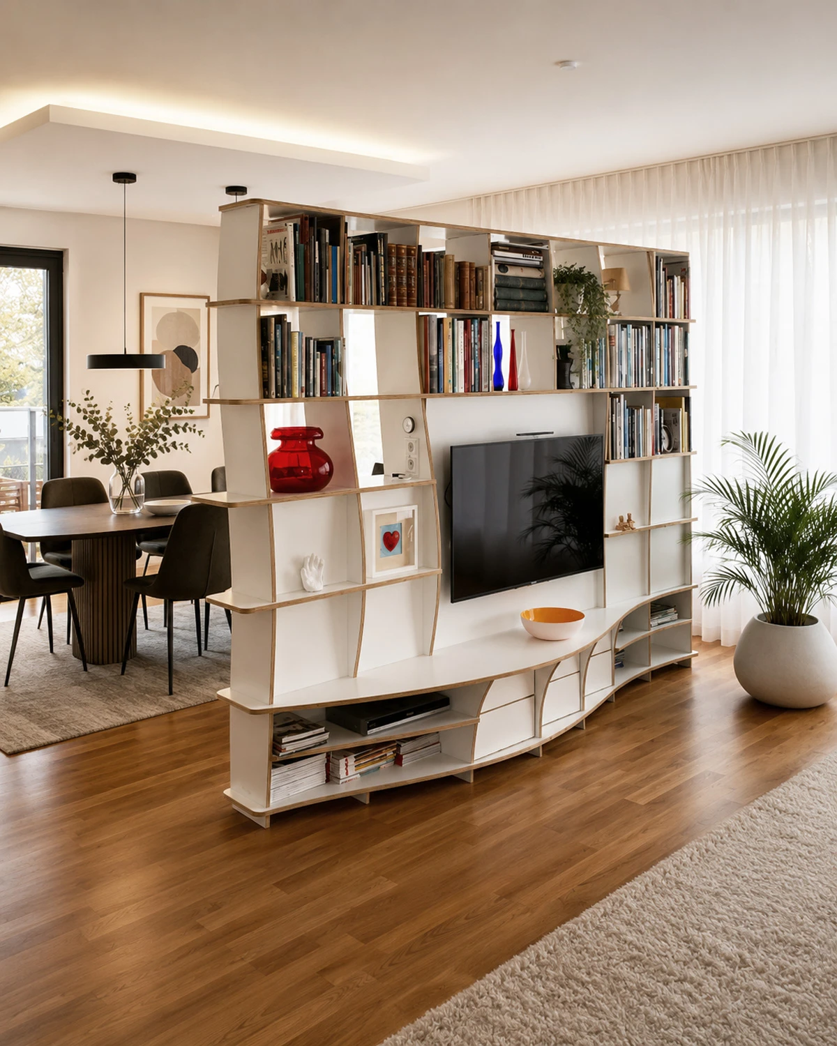 Bibliothèque TV sur mesure aux lignes courbes, utilisée comme séparation avec étagères entre le salon et la salle à manger