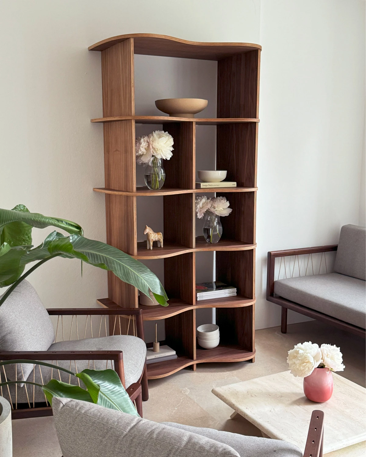 Wavy walnut bookshelf
