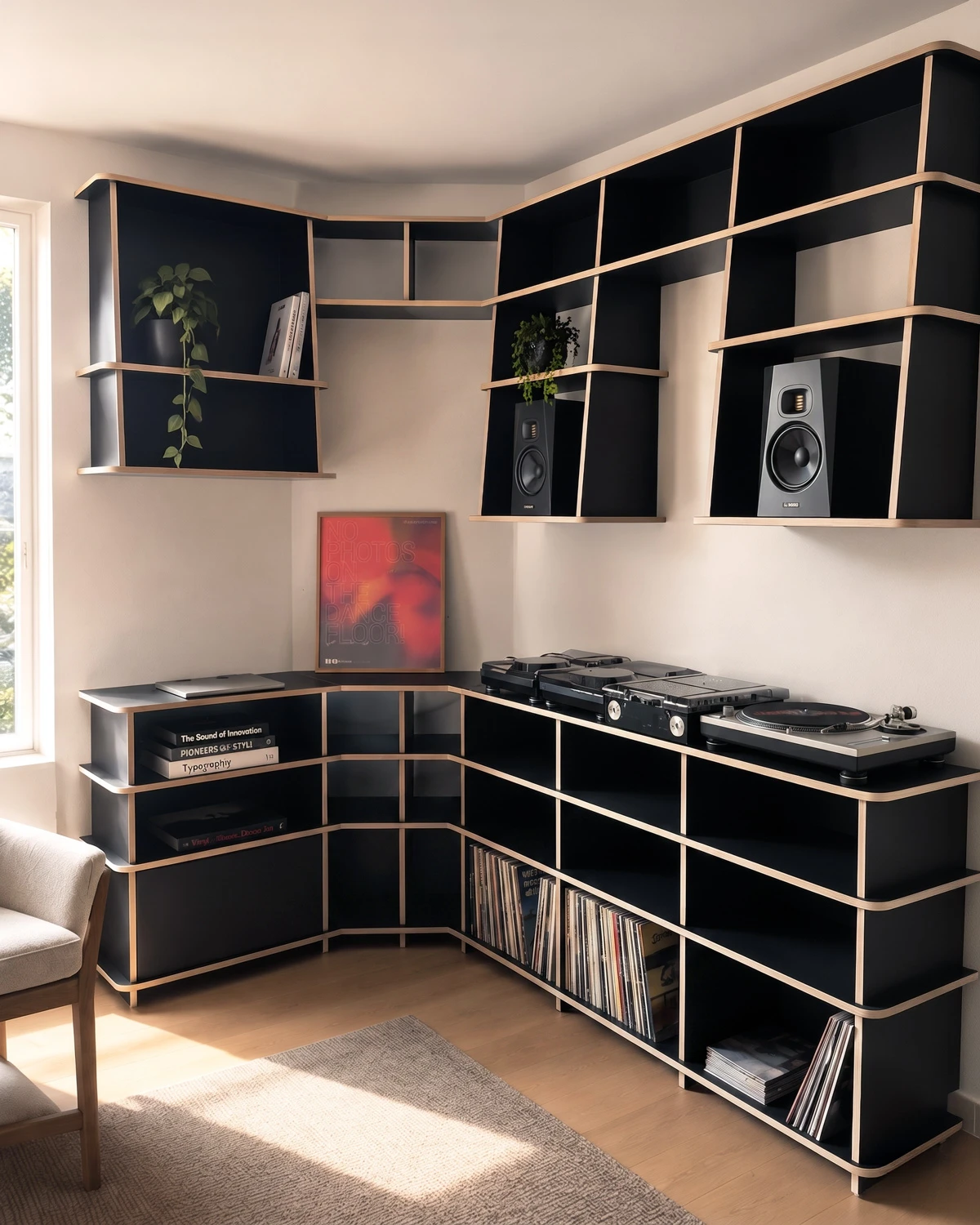 Black vinyl record corner shelf used as a DJ booth in the corner