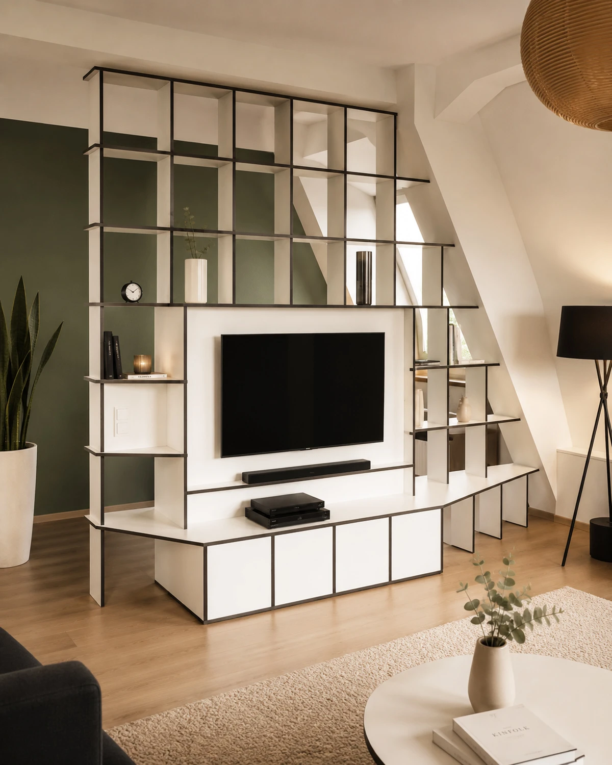 White custom TV wall unit with open shelving, closed base cabinets and a tailored fit beneath a sloped ceiling