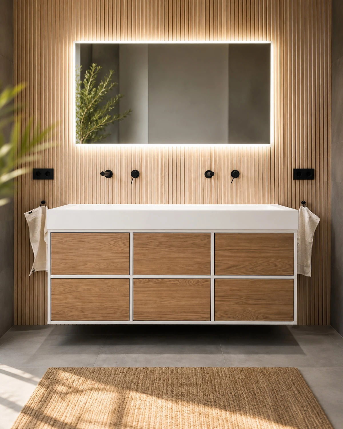 Custom white wall-mounted bathroom vanity with six oak-front drawers and an integrated double washbasin against a slatted wood wall