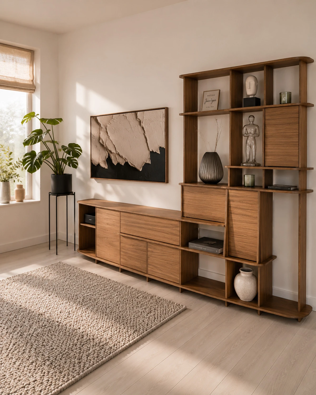 Meuble mural asymétrique en noyer sur mesure avec buffet intégré, niches ouvertes et rangements fermés