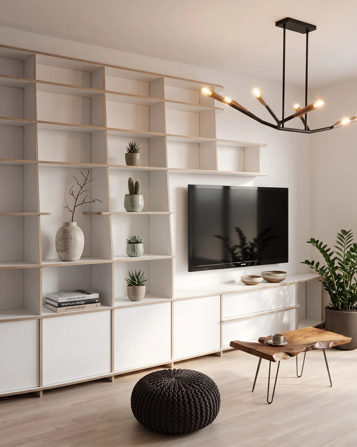 Meuble TV mural blanc asymétrique sur mesure avec étagères courbes, niches ouvertes, rangements fermés et télévision murale