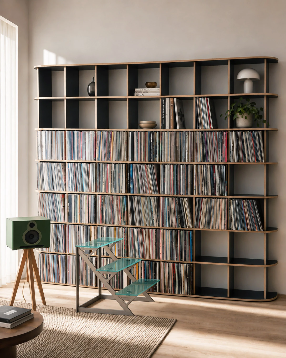 Black record shelf with rounded sides