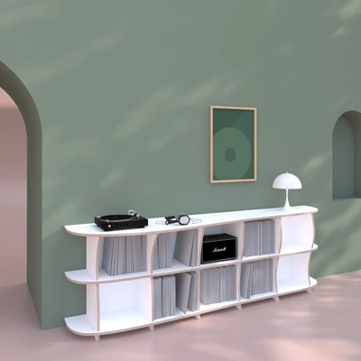 Record shelves in modern surroundings