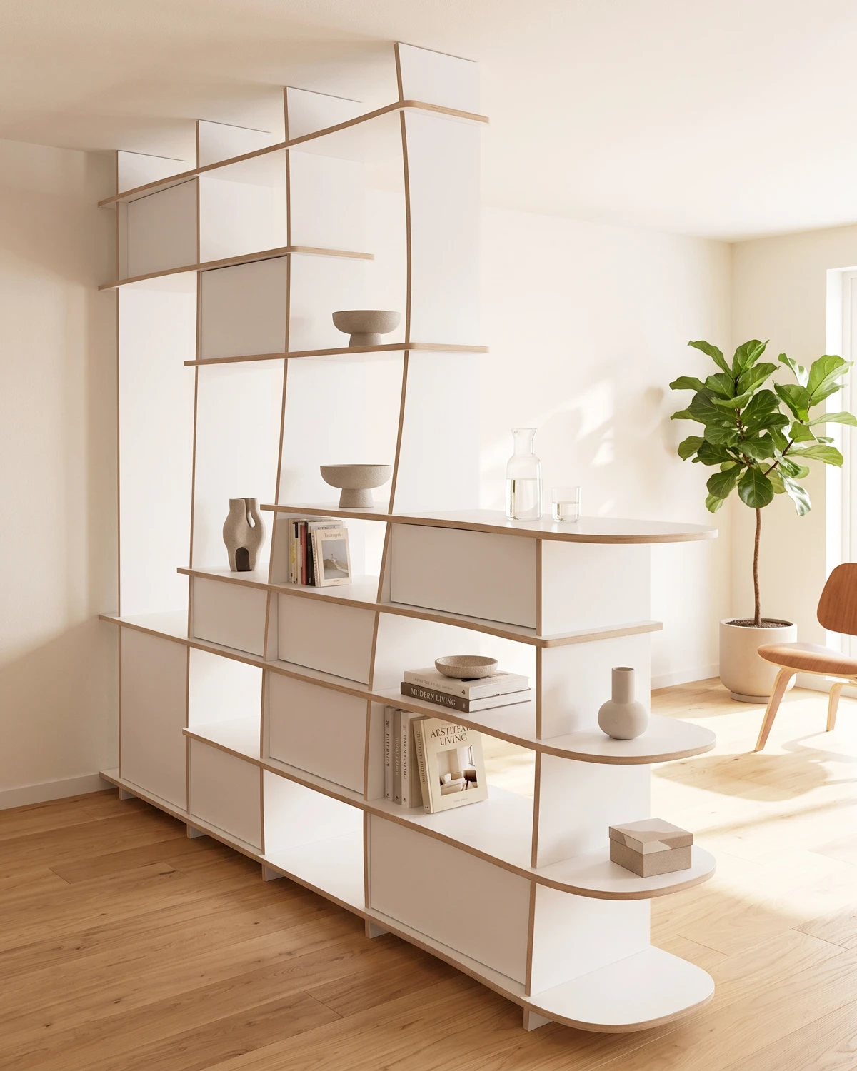 Séparateur de pièce organique blanc avec buffet intégré, chant bois, compartiments ouverts, portes et décoration dans un espace de vie lumineux