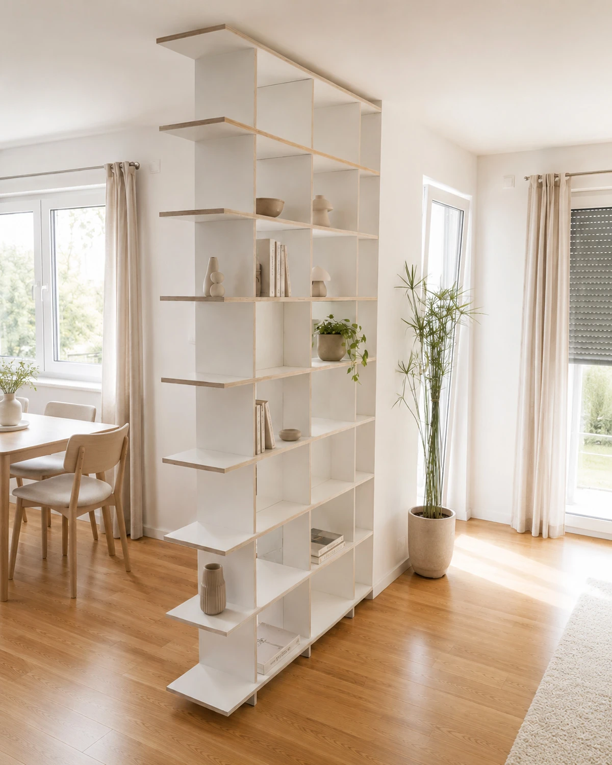 Straight white room divider with wood edge, open compartments, books and decor in a bright living and dining area