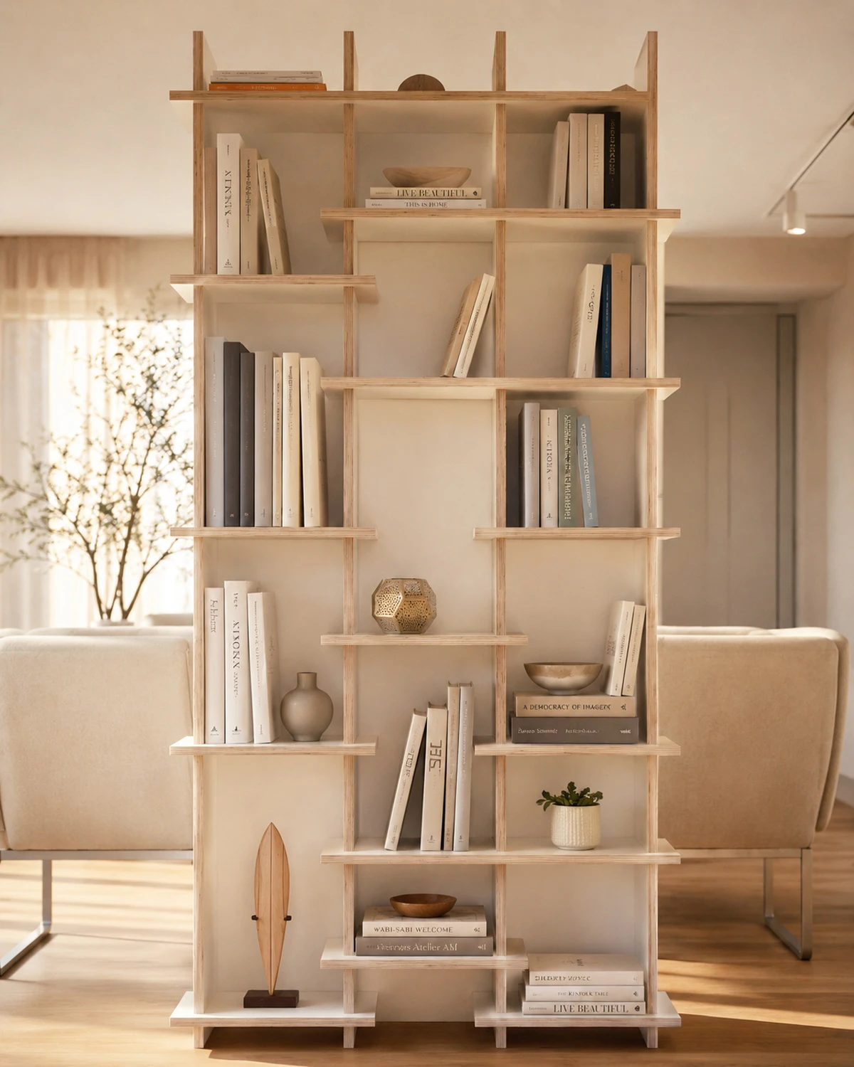 Weißer Raumteiler mit unregelmäßigen Fächern, Holzkante, Büchern und Deko im hellen Wohnzimmer