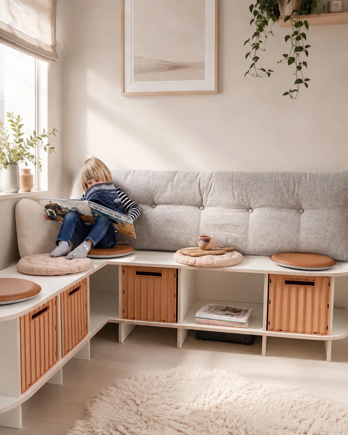 White corner bench with storage, open compartments, doors, seat cushions and reading child in a bright living area