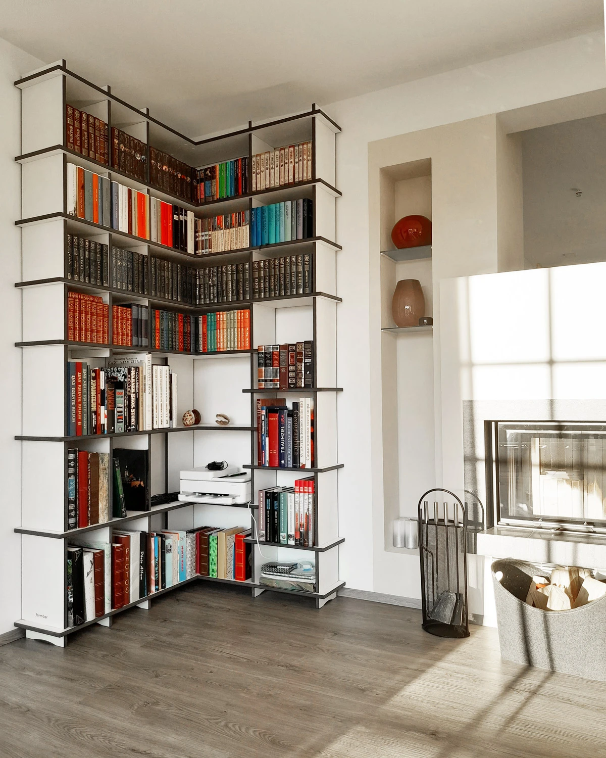 White corner shelf with black edge